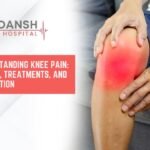 Banner image for Ridansh Hospital showing a person holding a red, inflamed knee, alongside the text “Understanding Knee Pain: Causes, Treatments, and Prevention.”
