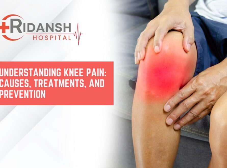 Banner image for Ridansh Hospital showing a person holding a red, inflamed knee, alongside the text “Understanding Knee Pain: Causes, Treatments, and Prevention.”