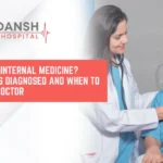 Female doctor in a white coat using a stethoscope to examine a seated female patient in a hospital room, with text about internal medicine from Ripansh Hospital.