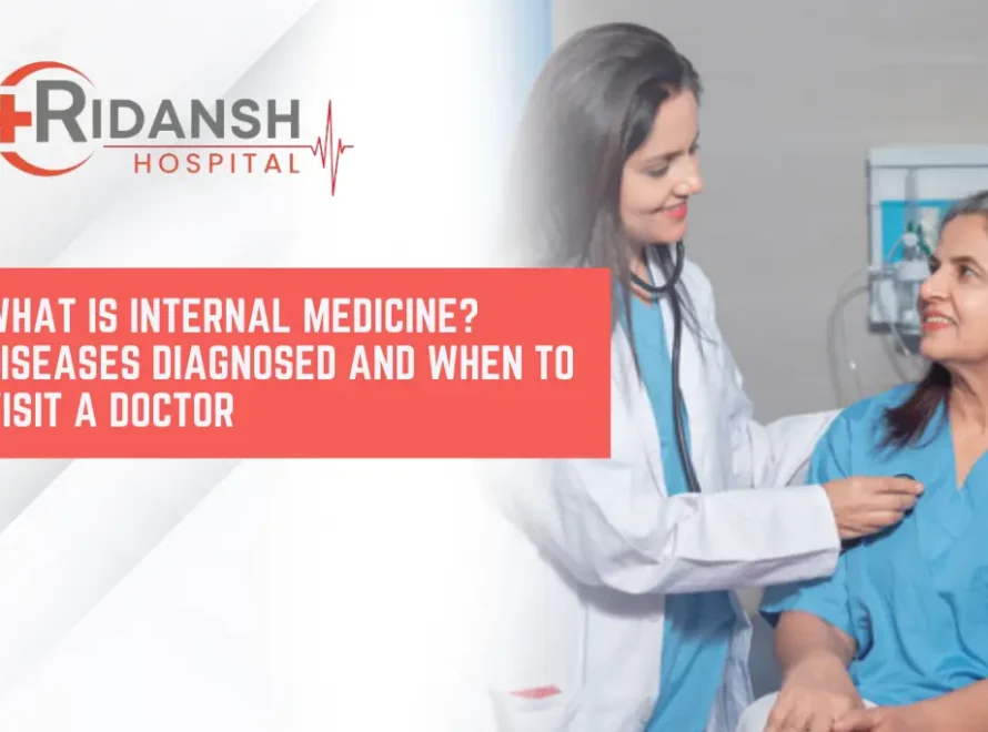 Female doctor in a white coat using a stethoscope to examine a seated female patient in a hospital room, with text about internal medicine from Ripansh Hospital.