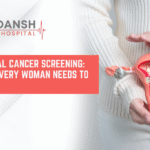 A woman holding a model of the uterus and cervix with highlighted abnormal cells, alongside the Ridansh Hospital logo and the text “Cervical Cancer Screening: What Every Woman Needs to Know.”