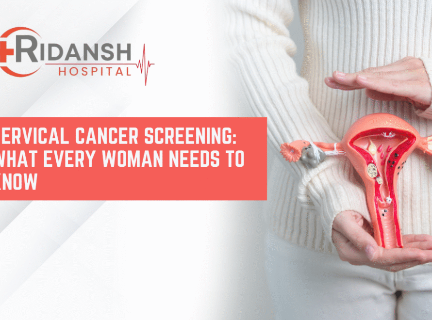 A woman holding a model of the uterus and cervix with highlighted abnormal cells, alongside the Ridansh Hospital logo and the text “Cervical Cancer Screening: What Every Woman Needs to Know.”