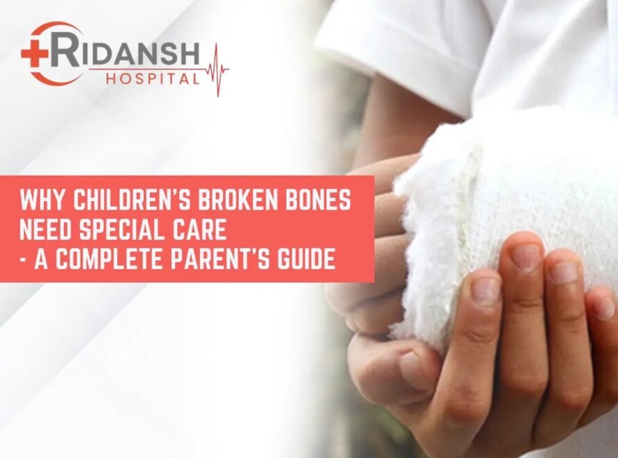 Child with a bandaged hand being supported, representing the need for specialized care in children’s bone fractures