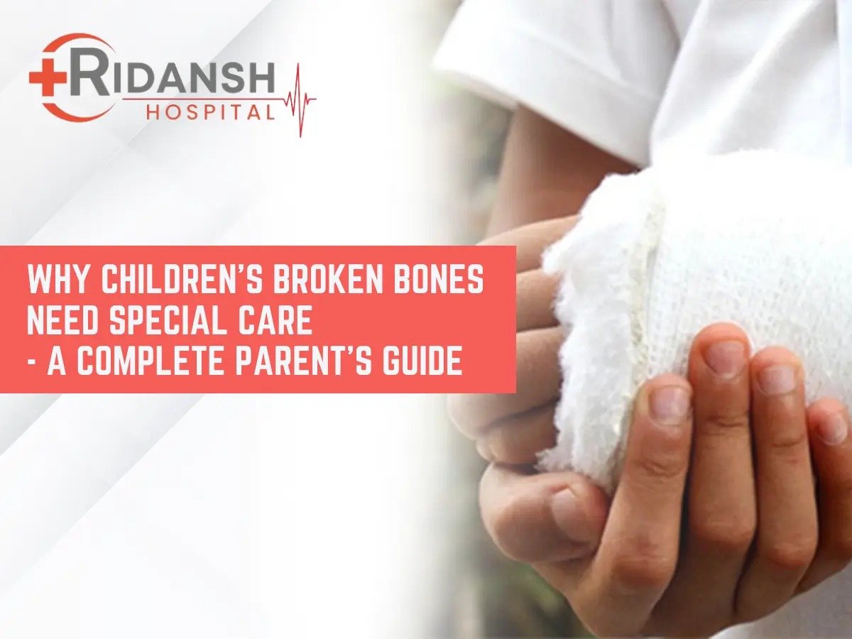 Child with a bandaged hand being supported, representing the need for specialized care in children’s bone fractures