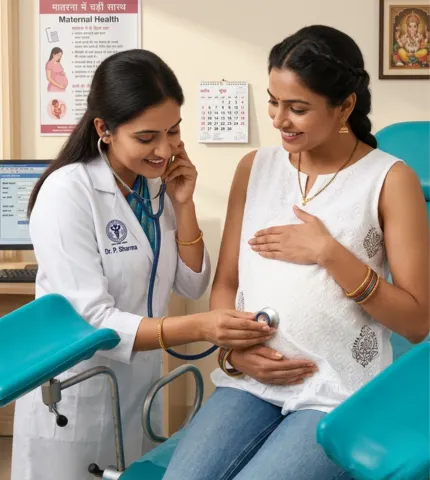 Gynecologist consulting with pregnant woman in clinic, discussing ultrasound results and prenatal care at Ridansh Hospital, Lucknow.