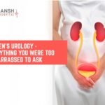 Illustration of the female urinary system highlighting kidneys, ureters, and bladder with the text "Women's Urology – Everything You Were Too Embarrassed to Ask" by Ridansh Hospital.