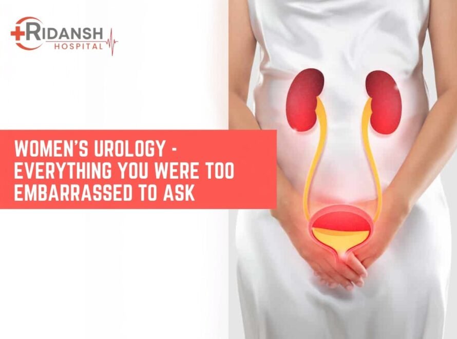 Illustration of the female urinary system highlighting kidneys, ureters, and bladder with the text "Women's Urology – Everything You Were Too Embarrassed to Ask" by Ridansh Hospital.